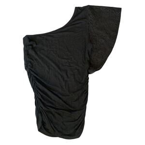 Black, one shoulder top, big lacy sleeve , medium